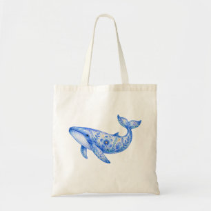 Bolsa Tote Louça Tema Floral Baleia Azul
