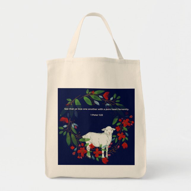 Bolsa Tote Love One Another | Lamb & Floral Tote Bag (Frente)