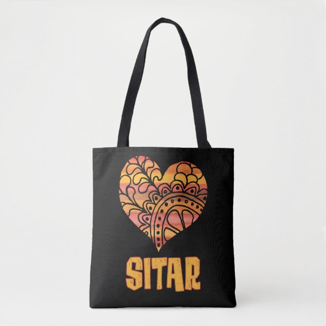 Bolsa Tote Love Sitar Orange Mandala Heart Indian Music (Frente)