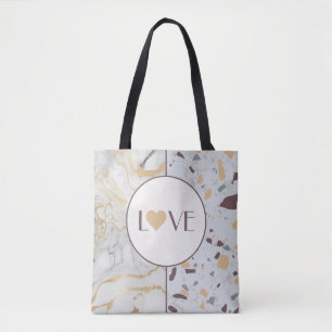 Bolsa Tote Love Terrazzo Marble com Dourado Nome Personalizad