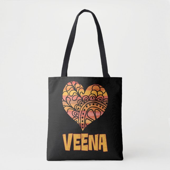 Bolsa Tote Love Veena Orange Mandala Heart Indian Music (Frente)