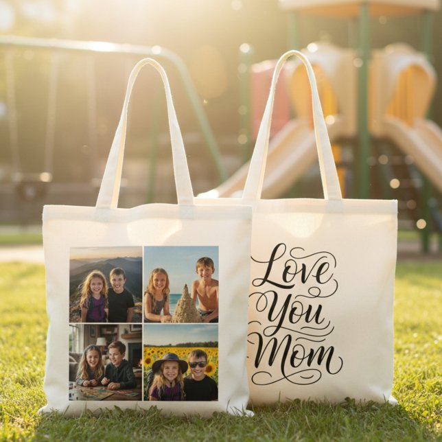 Bolsa Tote Love You Mom Modern 4 Photo Collage Custom (Criador carregado)