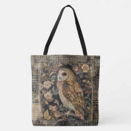 Bolsa Tote Lovely Owl in the Flowers Garden ,Gold Checkered