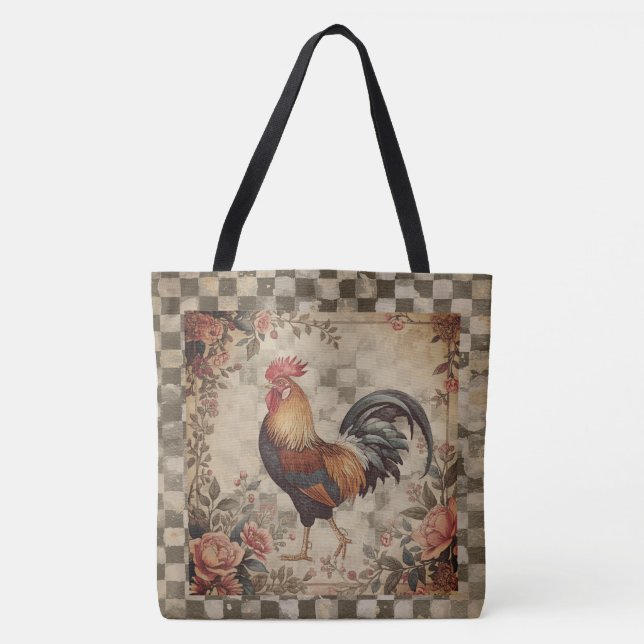 Bolsa Tote Lovely Vintage Rooster and Flowers Pattern (Frente)