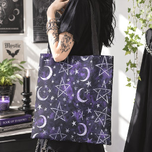 Bolsa Tote Lua Bruxa & Pentagrama Roxo Gótico
