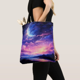 Bolsa Tote Lua cheia celestial nuvens Roxo Místico