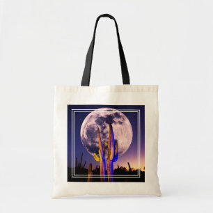 Bolsa Tote Lua Cheia Sobre Saguaro Cactus