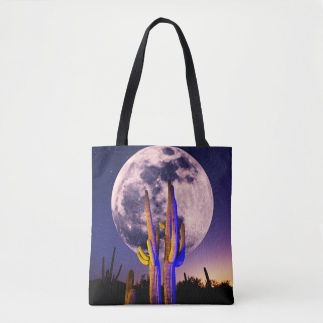 Bolsa Tote Lua Cheia Sobre Saguaro Cactus (Frente)