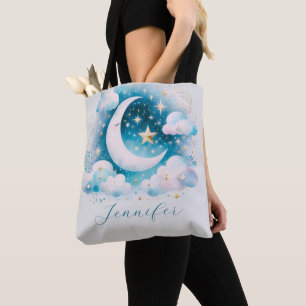 Bolsa Tote Lua Crescente Azul e Branco Boho Moderno