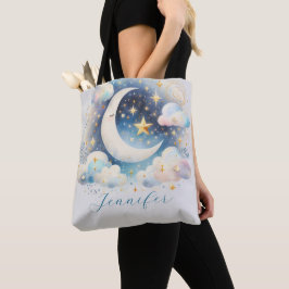 Bolsa Tote Lua Crescente Azul e Branco Boho Moderno Celestial