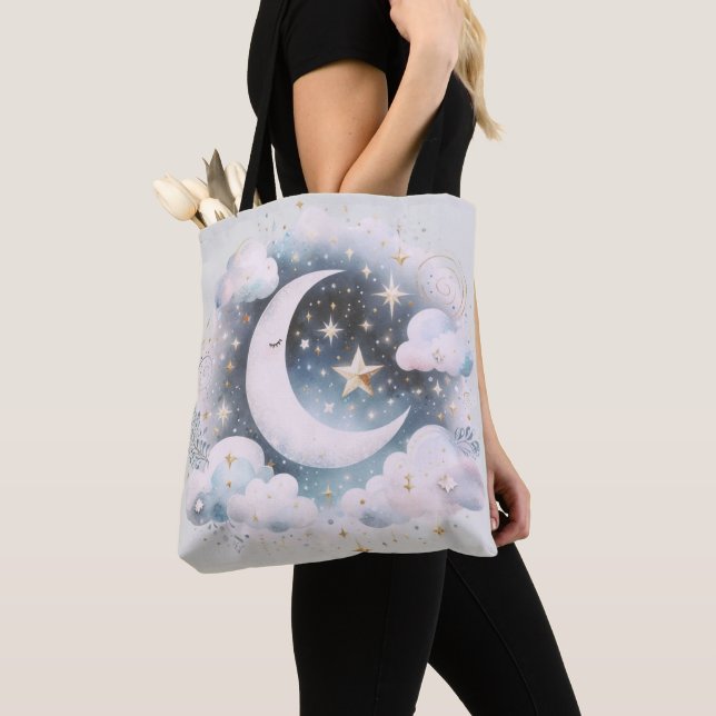Bolsa Tote Lua Crescente Azul e Branco Celestial Boho Moderno (Close Up)