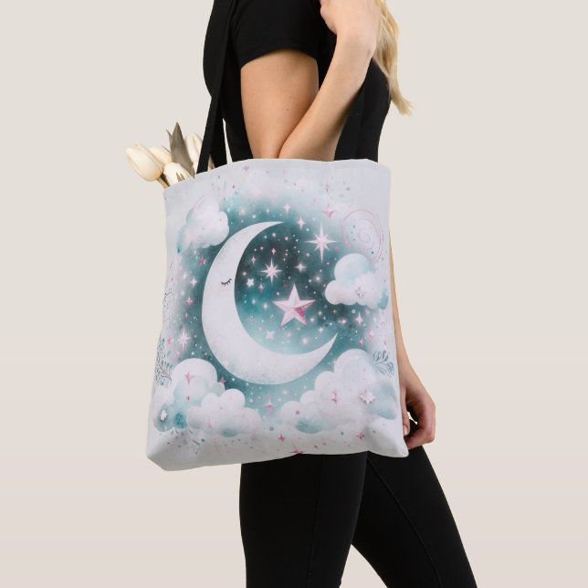 Bolsa Tote Lua Crescente Azul e Branco Celestial Boho Moderno (Close Up)