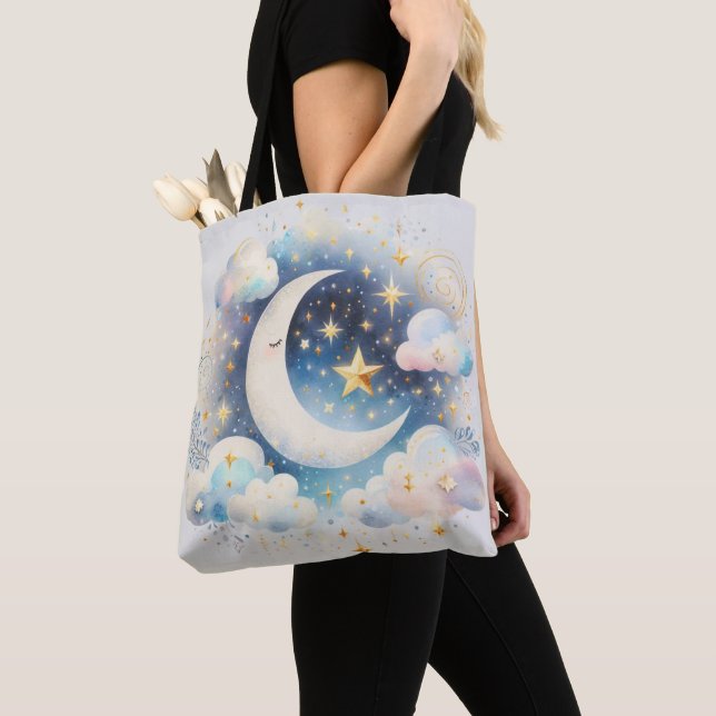 Bolsa Tote Lua Crescente Azul e Branco Celestial Boho Moderno (Close Up)