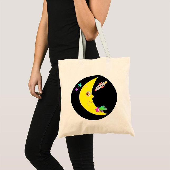 Bolsa Tote Lua Crescente de Desenho Animado e Foguete Espacia (Criador carregado)