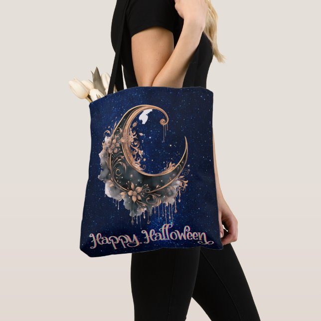 Bolsa Tote Lua Crescente de Halloween em Preto e Dourado Rosa (Close Up)