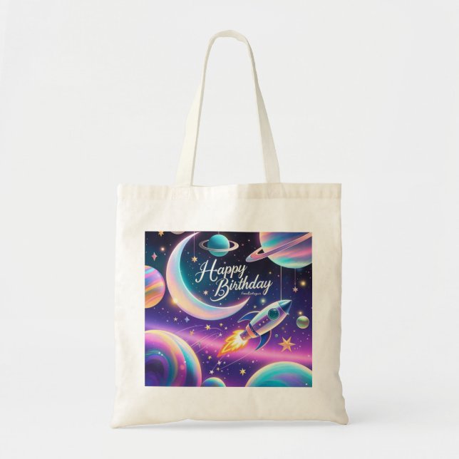 Bolsa Tote Lua de aniversário feliz da Galáxia, estrelas (Frente)