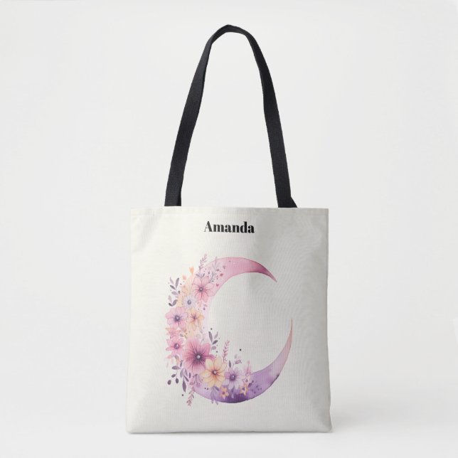 Bolsa Tote Lua de Crescente Rosa com Flores Bonito (Frente)