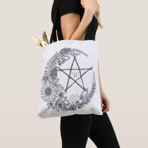 Bolsa Tote Lua Floral Lineart Com Monograma de Pentagrama