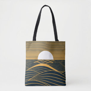 Bolsa Tote Lua-sol estilizada, ilustração do mar escuro.