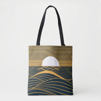 Bolsa Tote Lua-sol estilizada, ilustração do mar escuro.