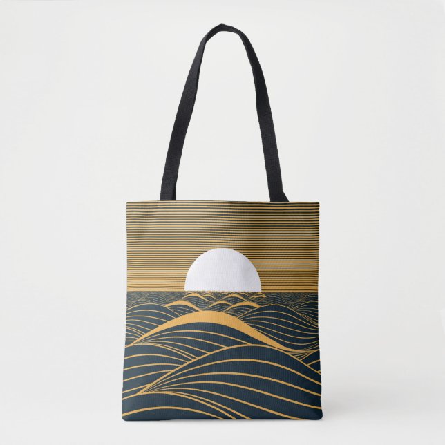 Bolsa Tote Lua-sol estilizada, ilustração do mar escuro. (Frente)