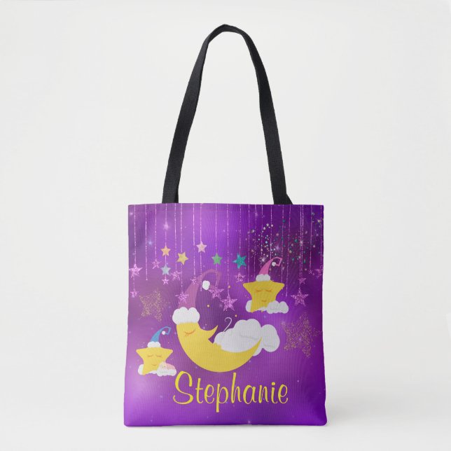 Bolsa Tote Lua sonolento & céu estrelado roxo das estrelas (Frente)