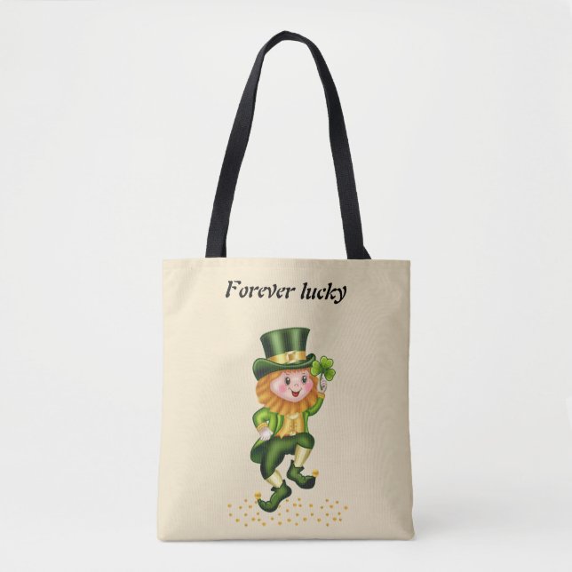 Bolsa Tote Lucky Green Gnomo e Dourado Confetti em Beige (Frente)