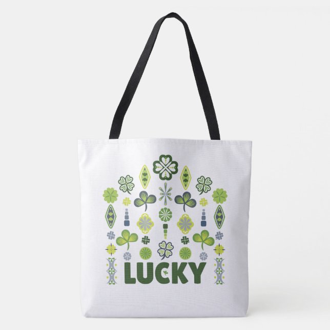 Bolsa Tote Lucky Shamrock Preto Padrão Moderno Mínimo Branco (Frente)