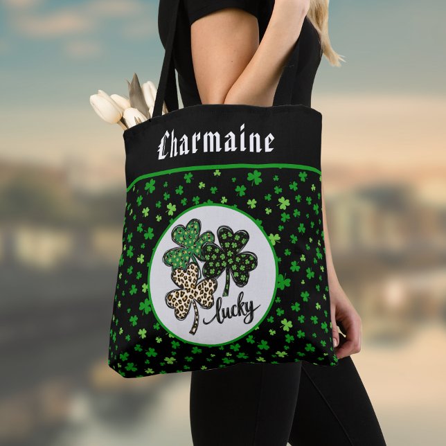 Bolsa Tote Lucky St Patrick Shamrock Green Black Cat Print   (Criador carregado)