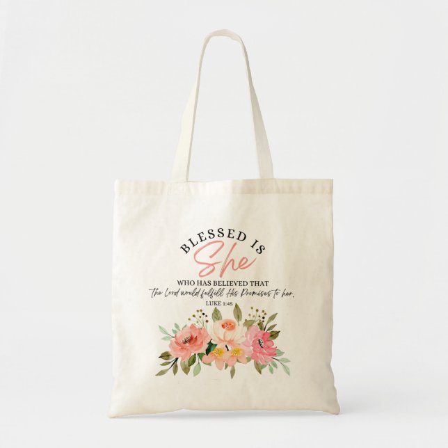 Bolsa Tote Luke 1:45 Abençoada é Ela Escritura Floral (Frente)