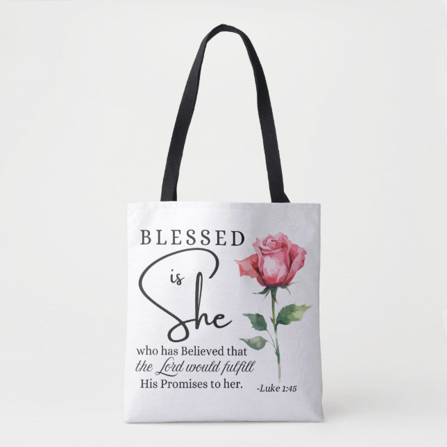 Bolsa Tote Luke 1:45 Abençoada é Ela Rosa Flor (Frente)