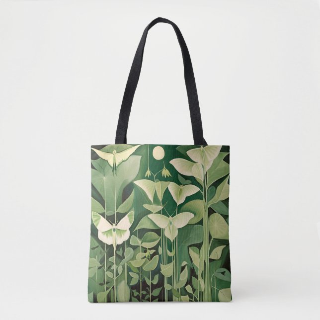 Bolsa Tote Luna Moth e flores - Verde e Creme (Frente)
