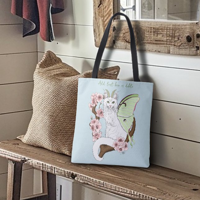 Bolsa Tote Luna Moth Moon White Cat Green (Criador carregado)