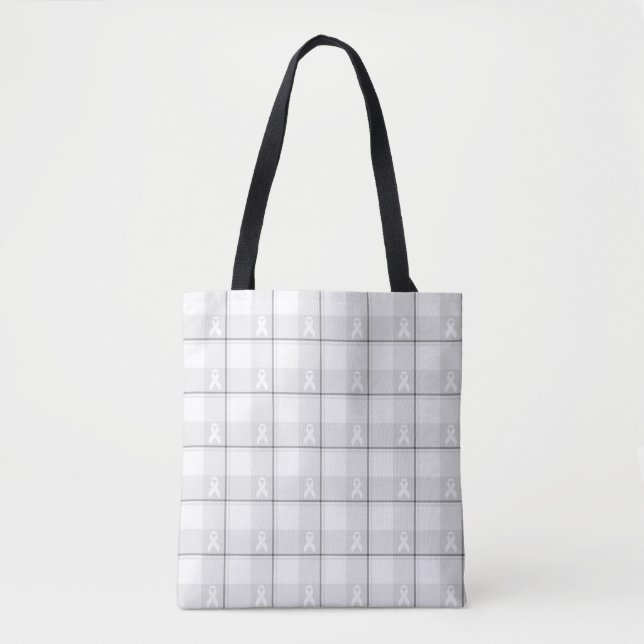 Bolsa Tote Lung Cancer Awareness Plaid Tote, White Ribbon (Frente)