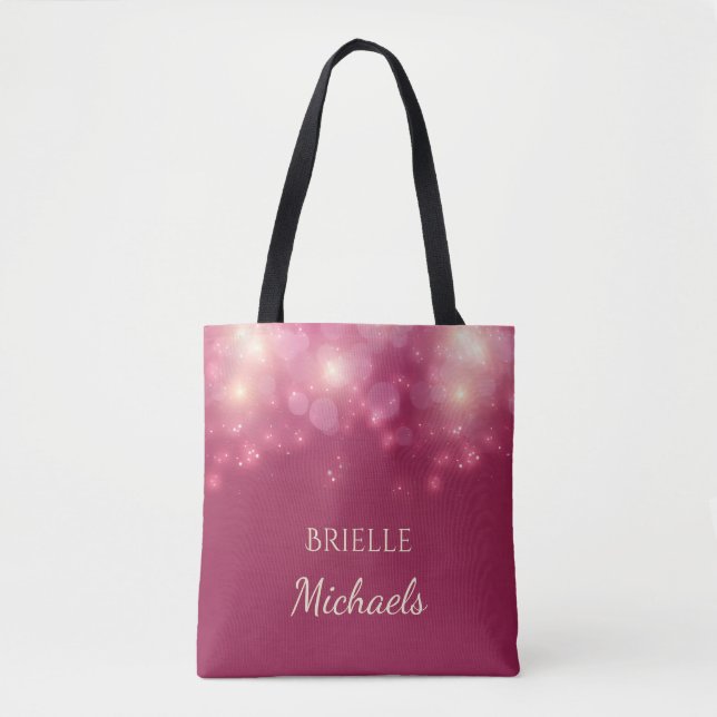 Bolsa Tote Luxe Dark Glamor Bokeh Sparkles Com Nome (Frente)