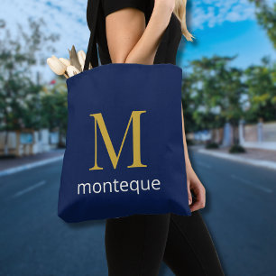 Bolsa Tote Luxo Azul Marinho Profundo Monograma Dourado Perso
