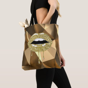 Bolsa Tote Luxo Dourado Beleza Glam Glitter Gotejamento Lábio