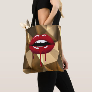 Bolsa Tote Luxo Dourado Beleza Glam Gotas Vermelhas Lábios Go