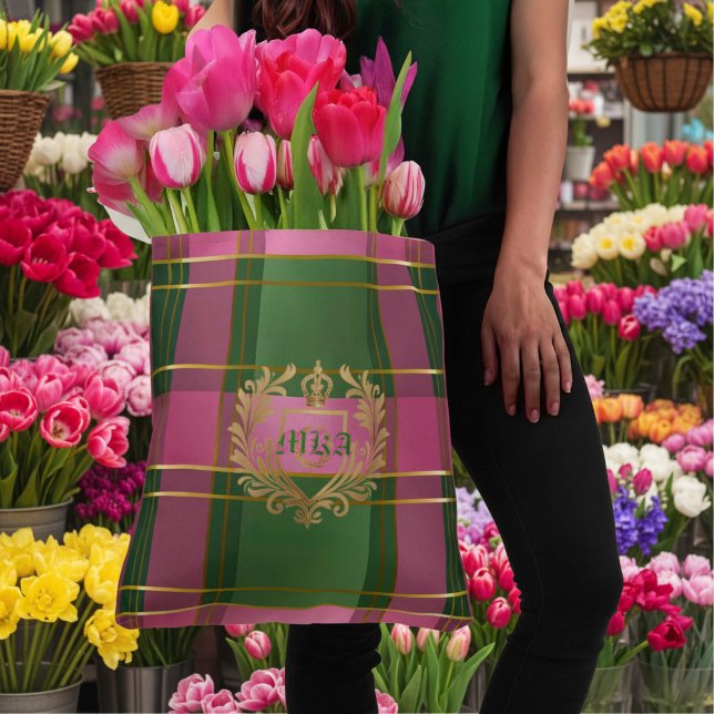 Bolsa Tote Luxo Elegante Sofisticado Xadrez Monogramado Rosa  (Stylish Pink and Green Monogrammed Plaid Tote )