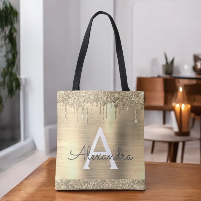 Bolsa Tote Luxo Glitter Dourado Brilho Monograma Elegante (Criador carregado)