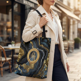 Bolsa Tote Luxo Monograma de Mármore Ágata Azul Naval e Doura