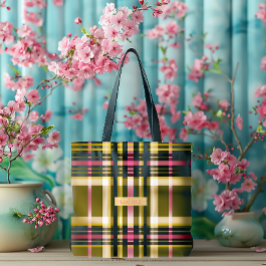 Bolsa Tote Luxo Xadrez em Verde Oliva, Dourado e Rosa Persona