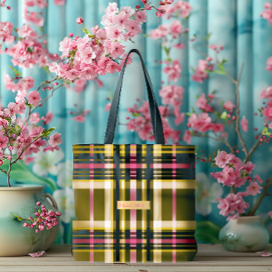 Bolsa Tote Luxo Xadrez em Verde Oliva, Dourado e Rosa Persona
