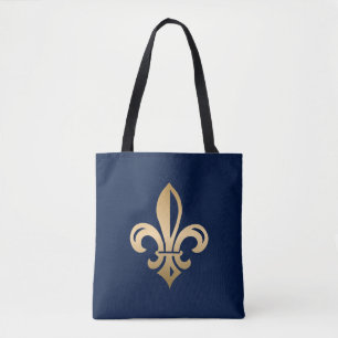 Bolsa Tote Luxuosa Dourada Fleur de Lis ao Marinho