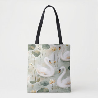 Bolsa Tote Luxuosa Tela Aquarela Cisne Branco e Lírio de Água