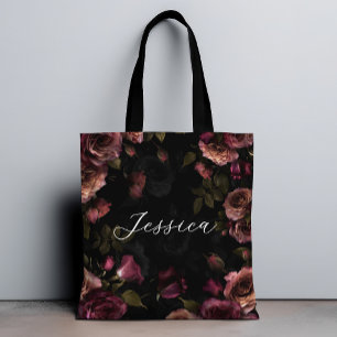 Bolsa Tote Luxuoso Jardim Floral Rosa Escuro Borgonha