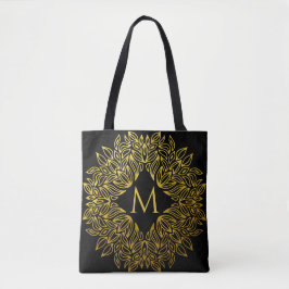 Bolsa Tote Luxuoso Mandala de Monograma Dourado Elegante