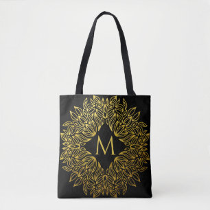 Bolsa Tote Luxuoso Mandala de Monograma Dourado Elegante