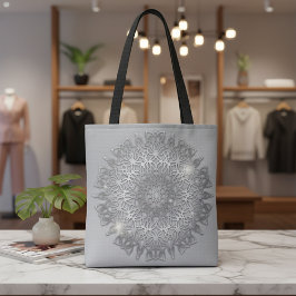 Bolsa Tote Luxuoso Mandala Metálico Prateado Espelhante