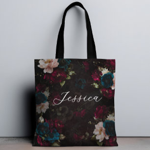 Bolsa Tote Luxuoso Turquesa escuro Flor Vermelha em Flor
